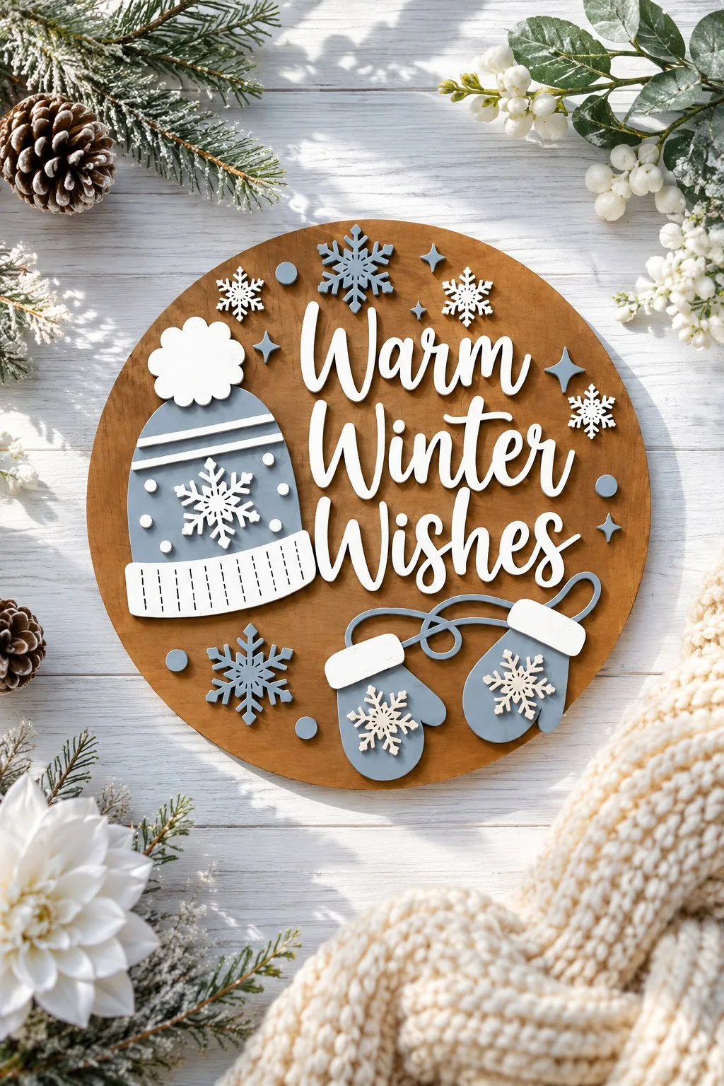 Warm Winter Wishes Round Door Sign — SVG laser cut file