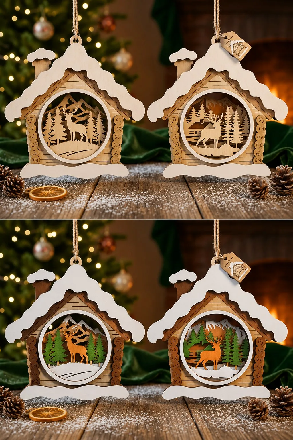 Snowy House Ornaments With a Deer Scene — SVG laser cut file