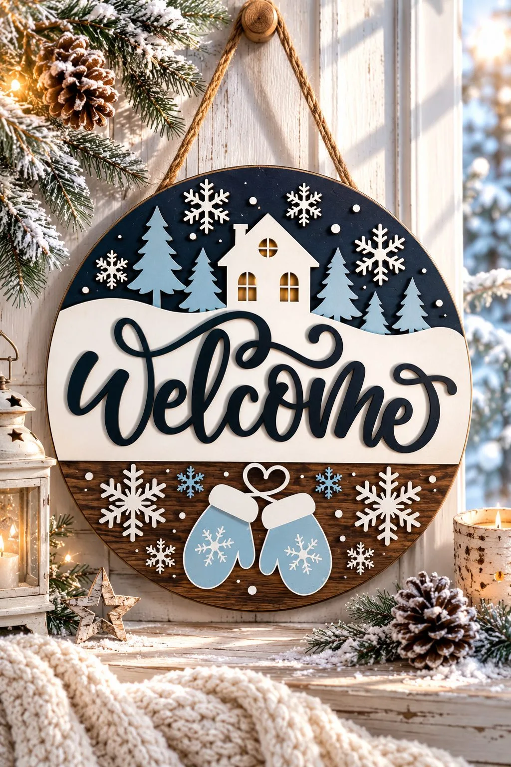 Snowy House Welcome Door Sign — SVG laser cut file