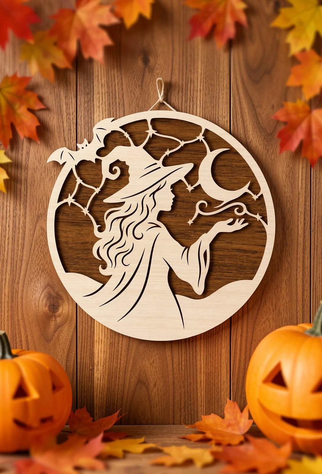 Witch and Crescent Moon Round Sign — SVG laser cut file