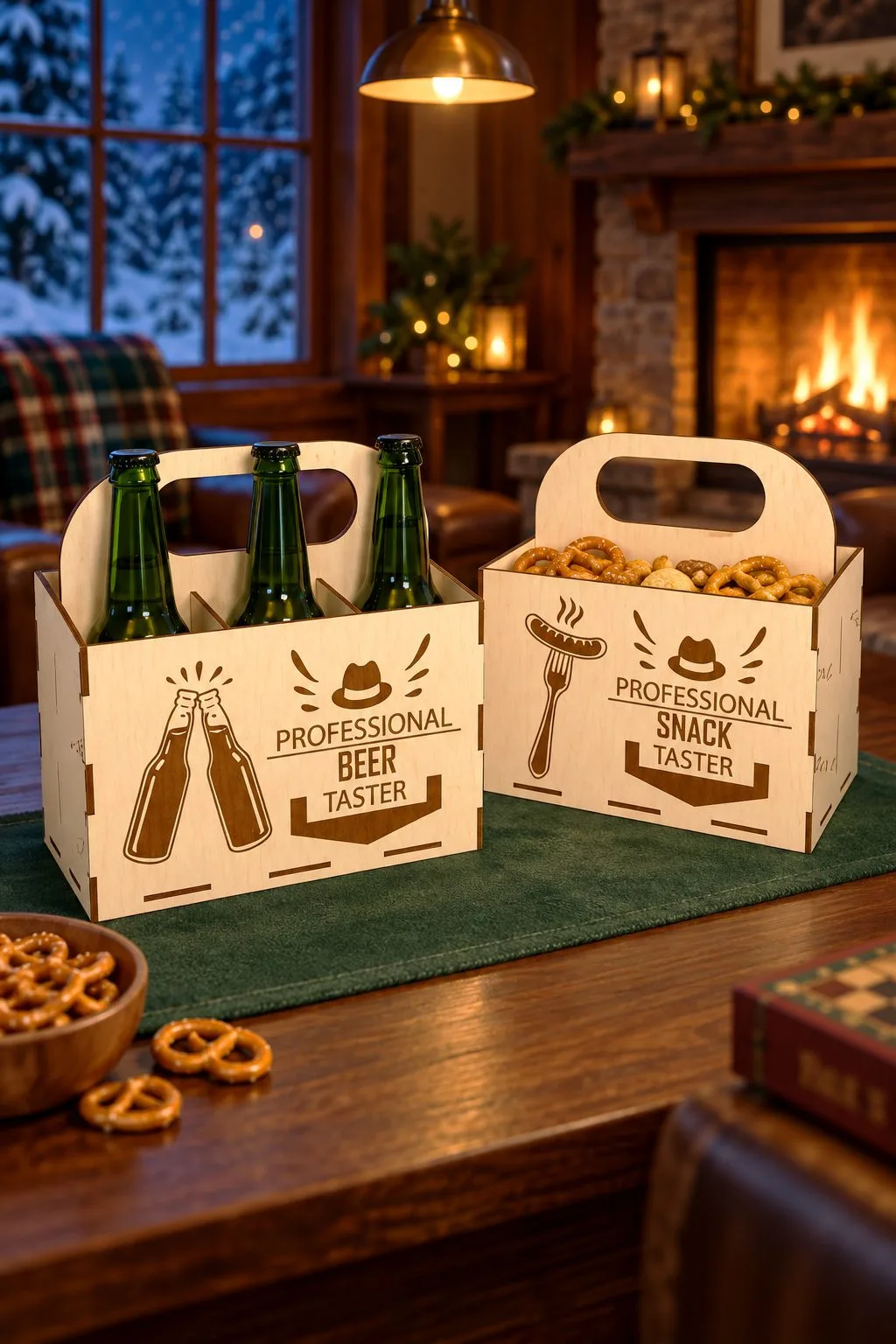 Two laser cut caddies with a handle on a green table runner, one with beer bottles and a Professional Beer Taster engraving, the other with pretzels and a Professional Snack Taster engraving, by a fireplace, free download link at svgdiy.com