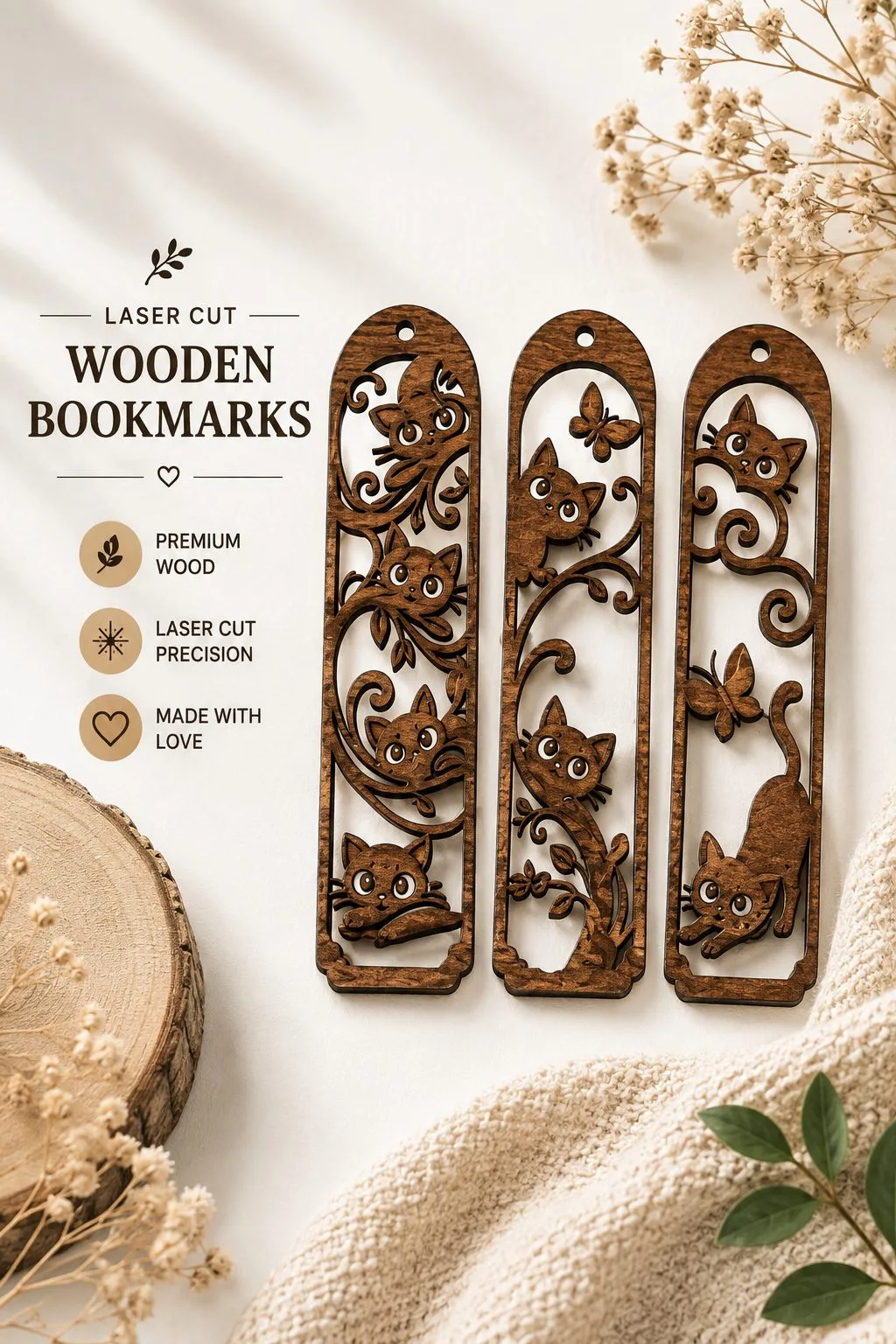 Wooden Cat Bookmark Trio — SVG laser cut file