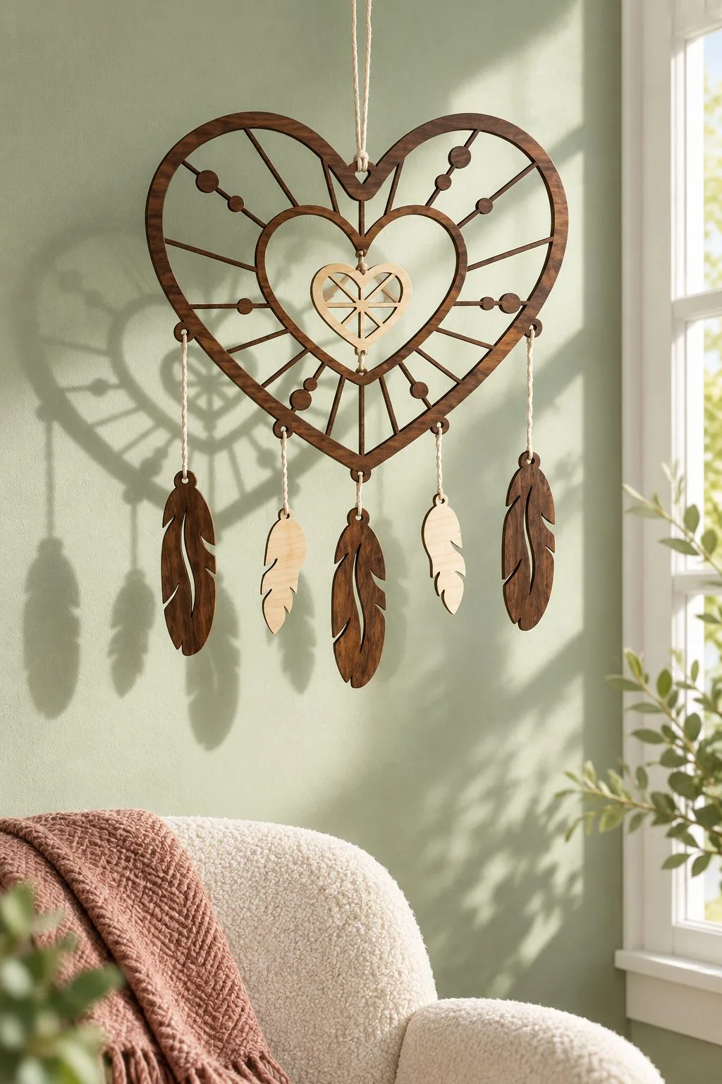 A laser cut heart-shaped dream catcher with wooden feathers, free laser cut SVG from svgdiy.com