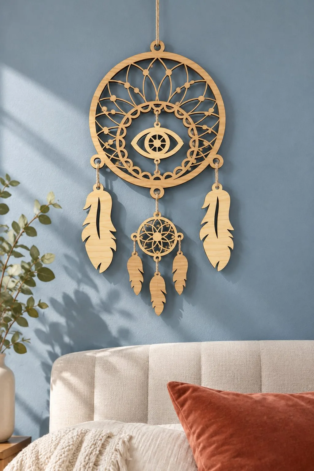 A laser cut dream catcher with an eye at the centre and feathers below, free laser cut SVG from svgdiy.com