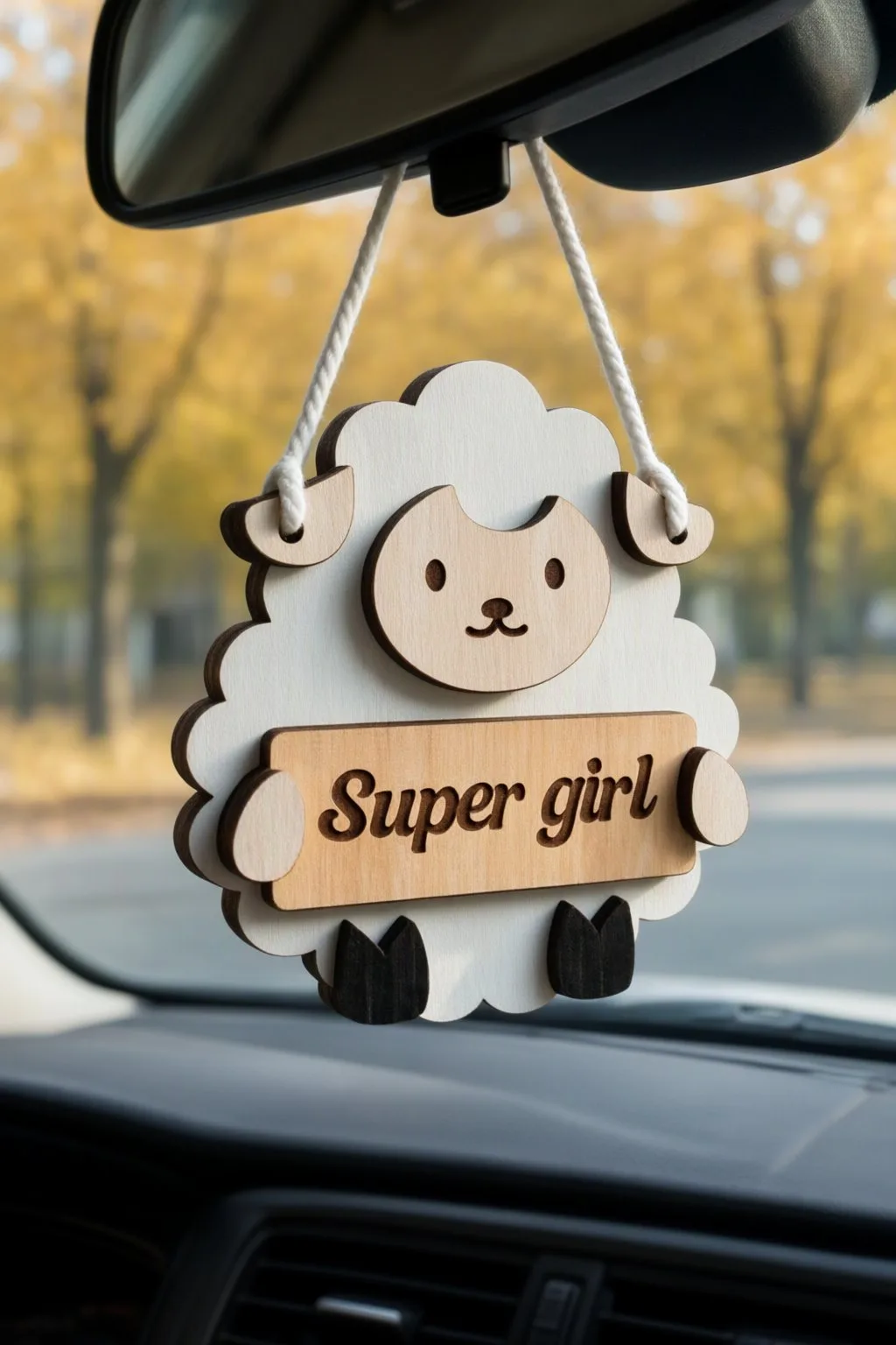 3D Animal Car Charms Bundle Laser Cut — wooden sheep charm with a Super girl name plate on a rear-view mirror