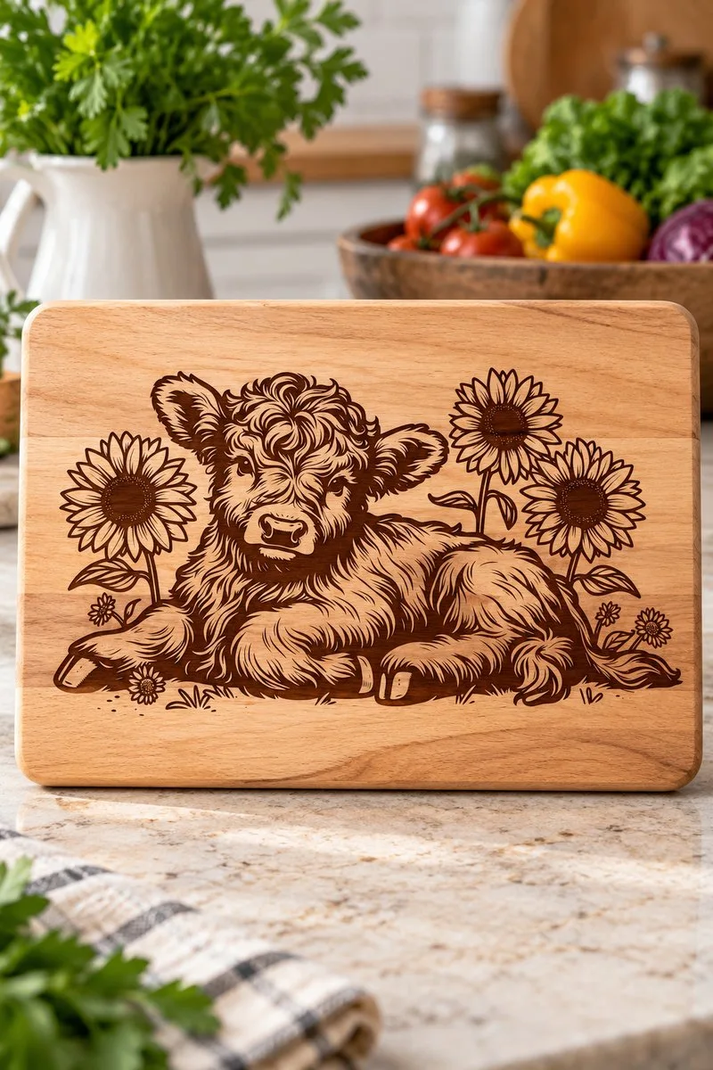 Baby Highland Cow Sunflowers Engraving — laser engraving file