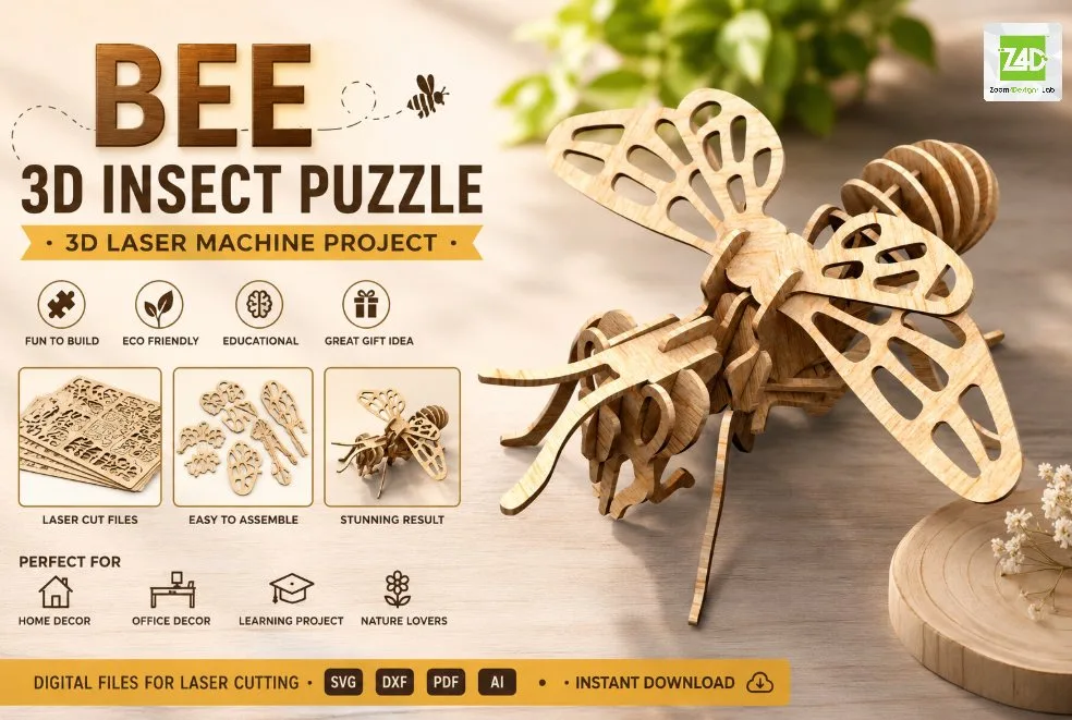 Bee 3D Insect Puzzle Laser Fun Project — SVG laser cut file