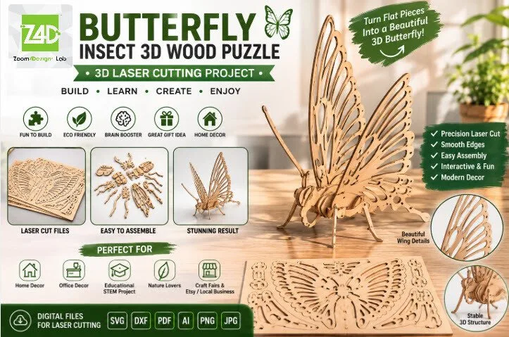 Butterfly 3D Wood Puzzle Laser Project — SVG laser cut file