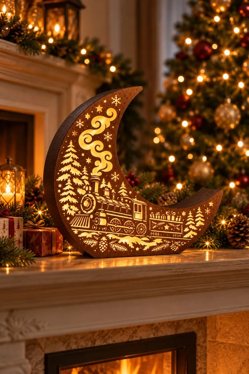 Christmas Express Moon Lantern - Train and Sleigh Laser Cut Design — SVG laser cut file