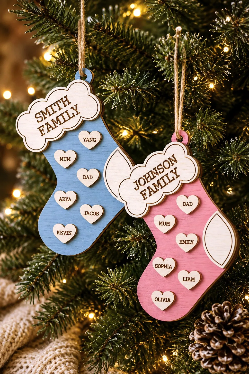 Family Stocking Ornament With Name Hearts — SVG laser cut file