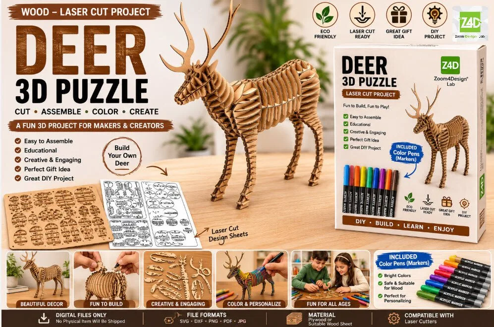 Deer 3D Puzzle Laser Cut DIY Project — SVG laser cut file