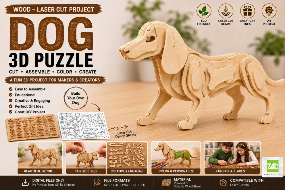 Dog 3D Wooden Puzzle Laser Cut Project — SVG laser cut file