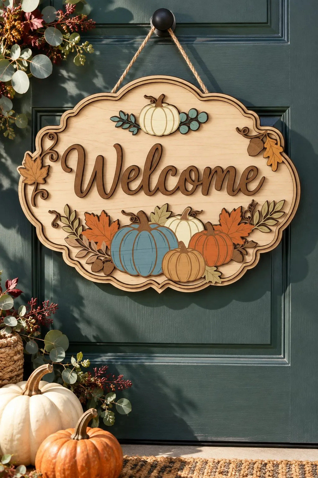 Blue and Orange Pumpkin Welcome Door Sign — SVG laser cut file
