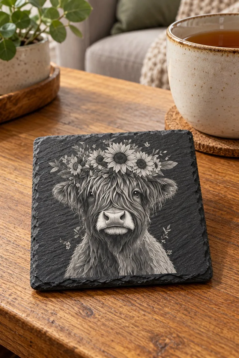 Floral Highland Cow Slate Engraving — laser engraving file