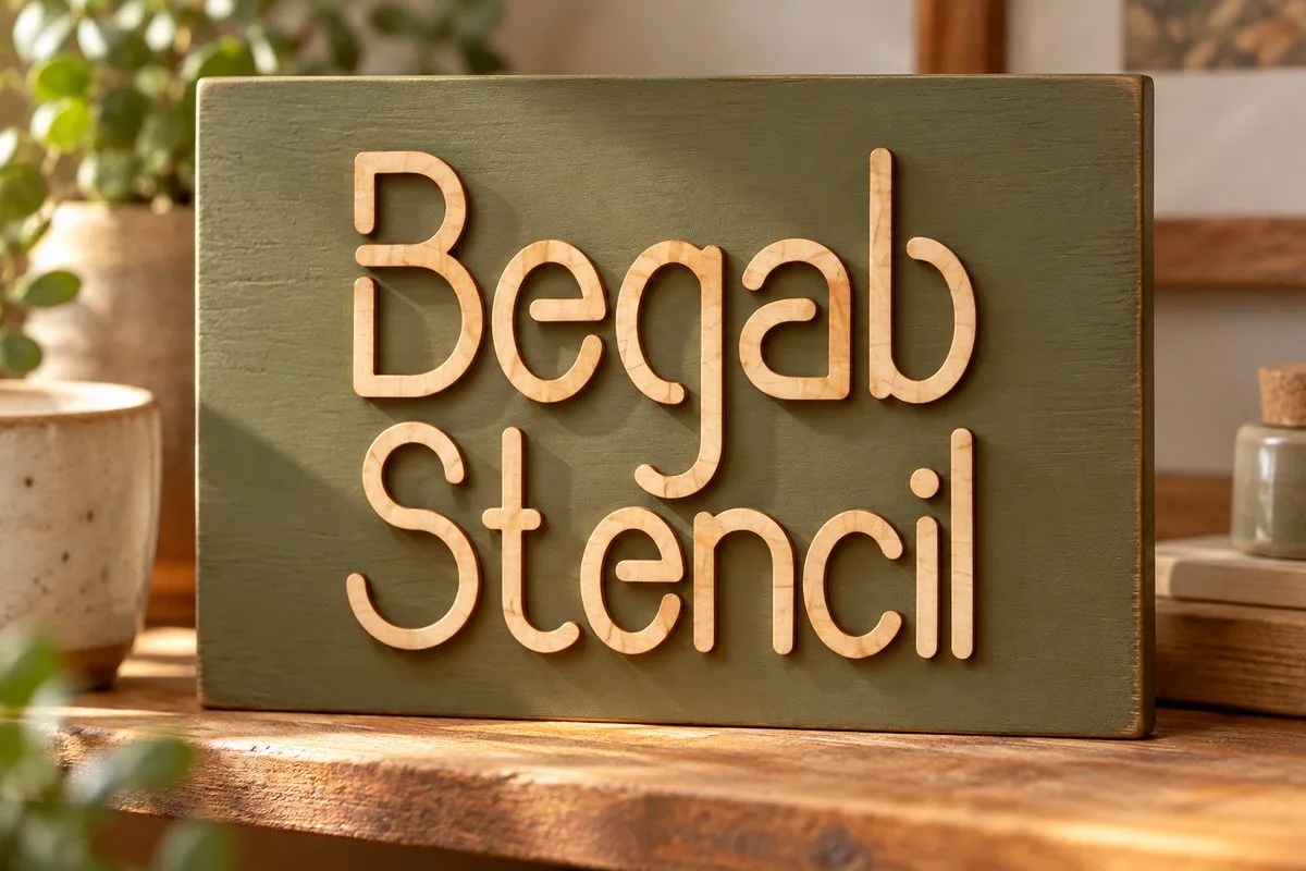 Separate plywood letters spelling Begab Stencil mounted on an olive green board