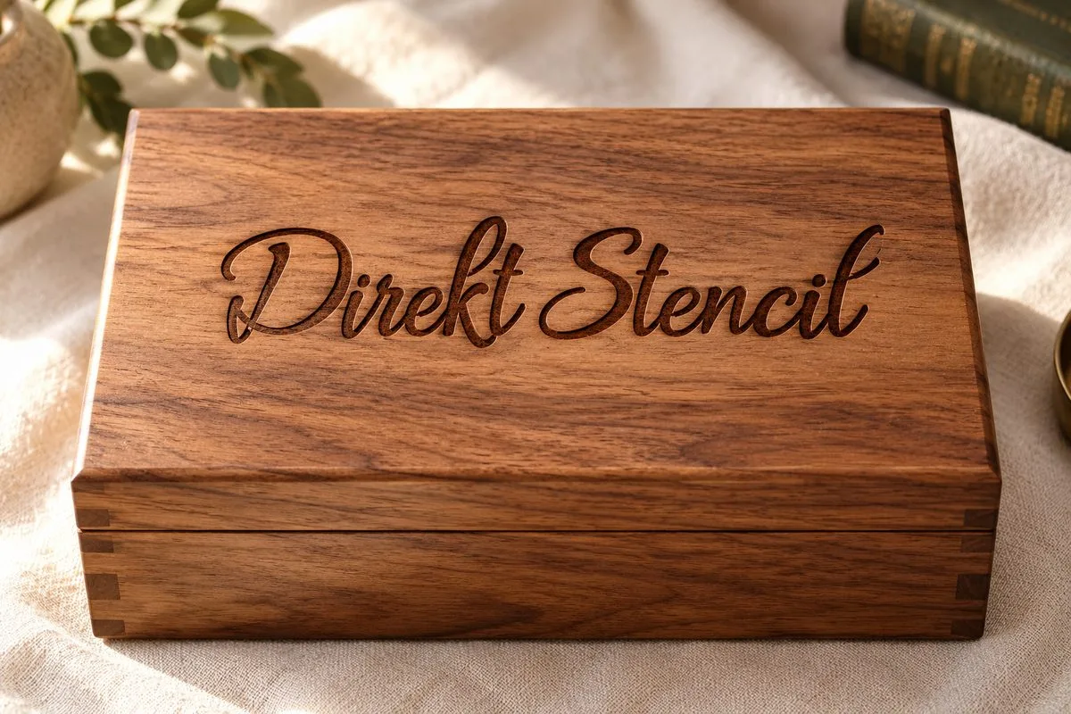 The words Direkt Stencil engraved in a handwritten style on a walnut box lid