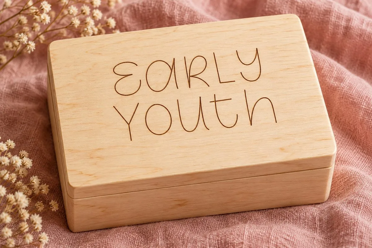 The words EARLY YOUTH marked in thin lines on the lid of a light wooden box