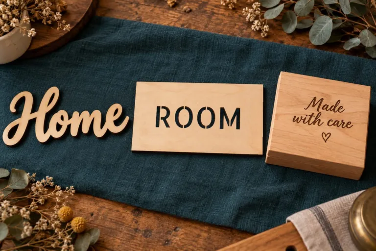 A free-standing plywood script word Home, a plywood panel with the word ROOM cut through in a stencil font and a wooden box lid engraved with Made with care