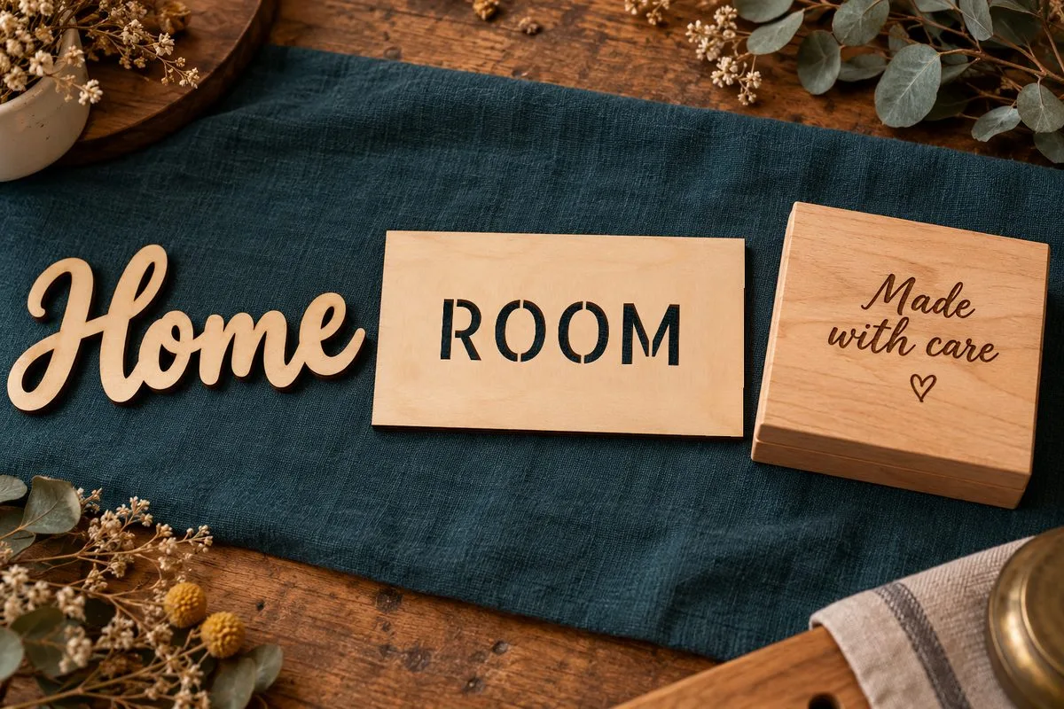A free-standing plywood script word Home, a plywood panel with the word ROOM cut through in a stencil font and a wooden box lid engraved with Made with care