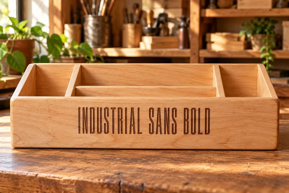 The words INDUSTRIAL SANS BOLD engraved on the front of a wooden desk organizer