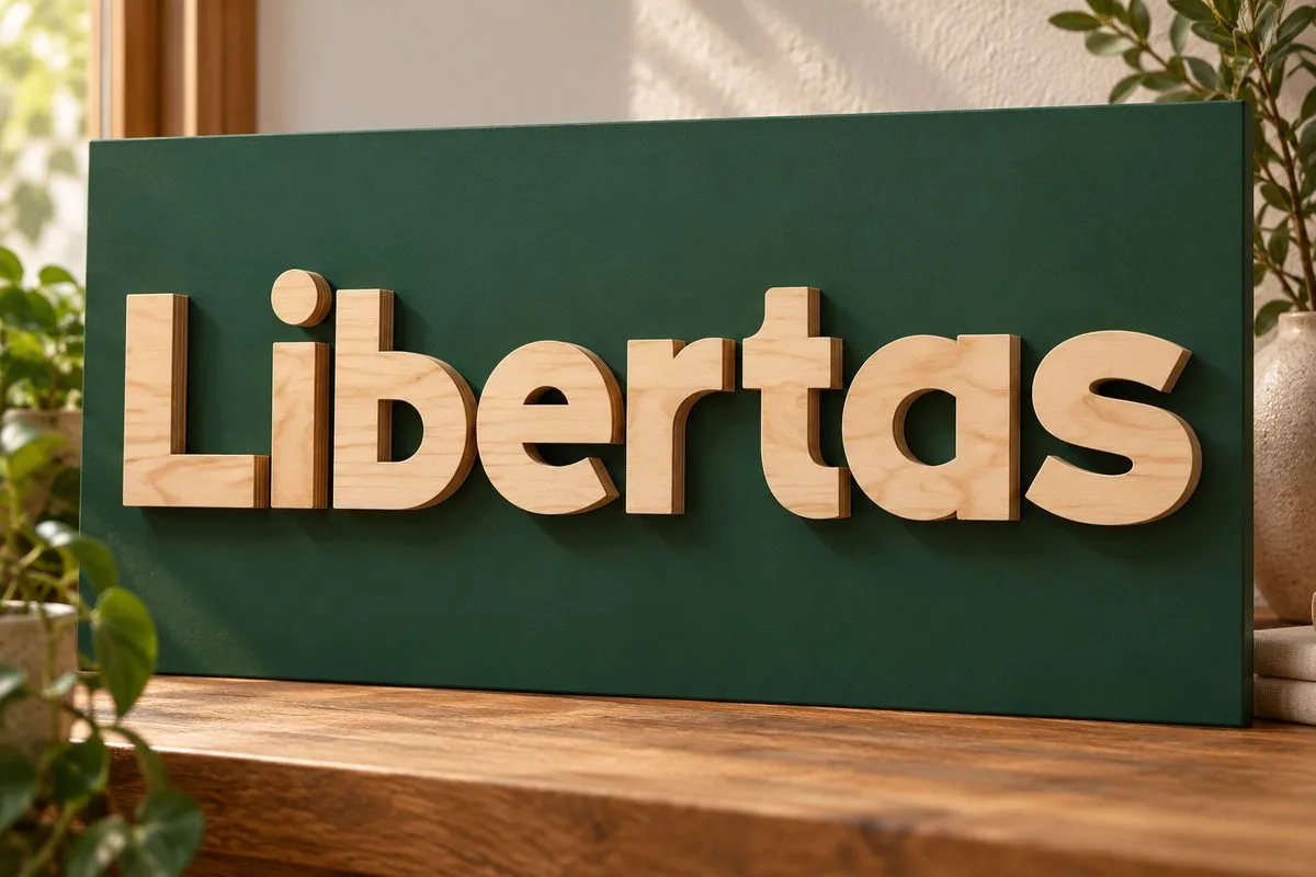 Large plywood letters spelling Libertas mounted on a dark green panel