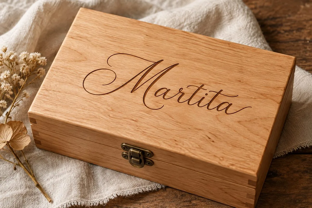 The name Martita engraved in fine calligraphy on the lid of a wooden keepsake box