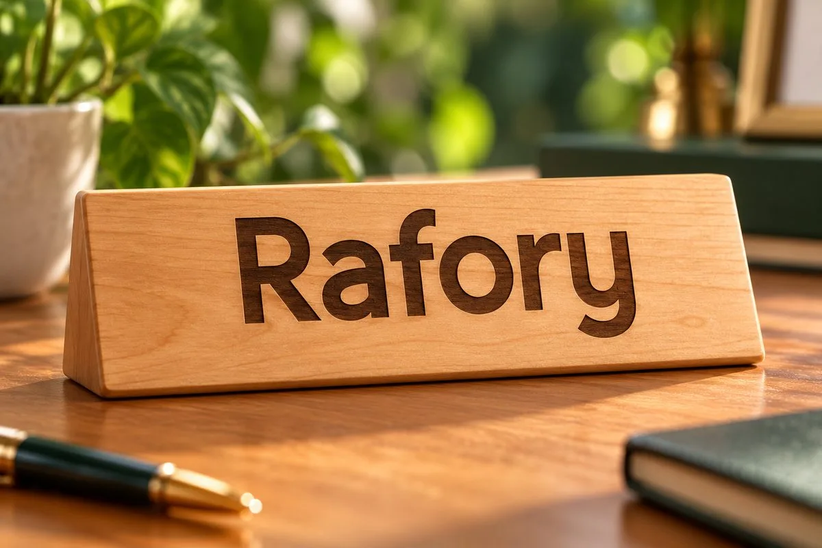 The word Rafory fill engraved on a wooden desk nameplate