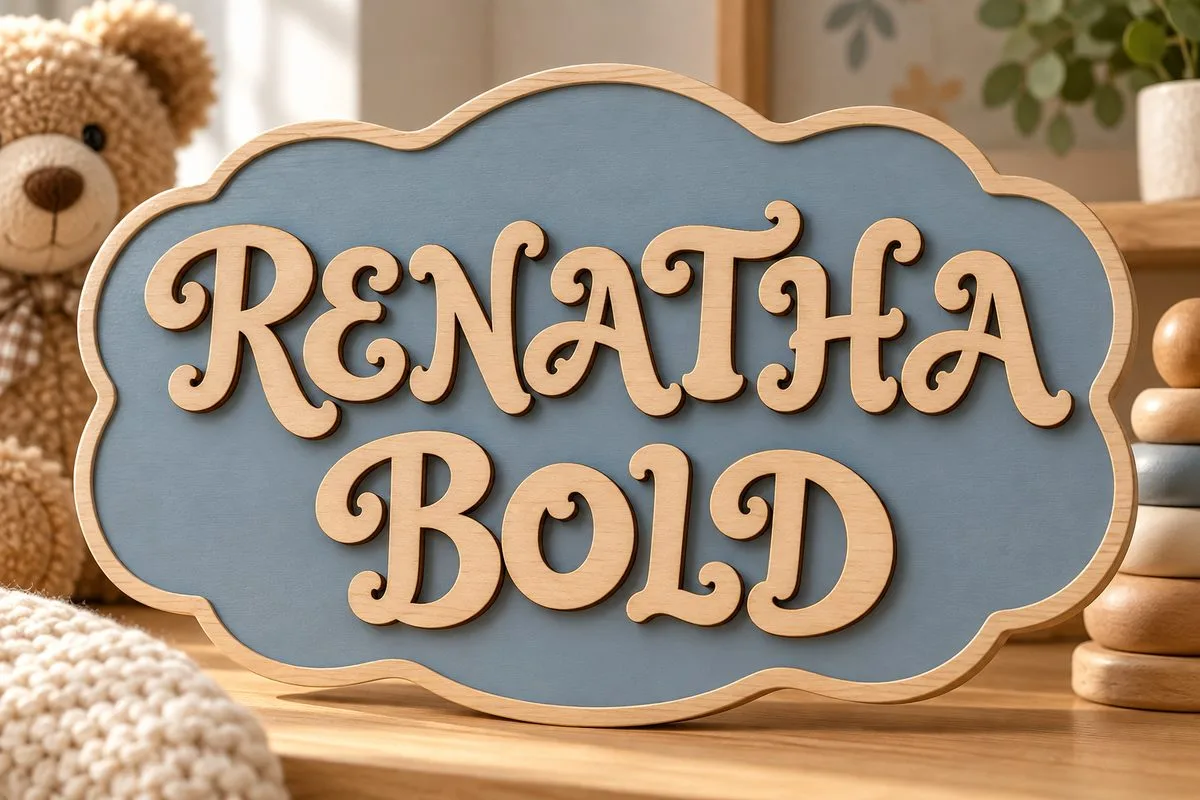 Decorative plywood capitals spelling RENATHA BOLD on a blue cloud-shaped base