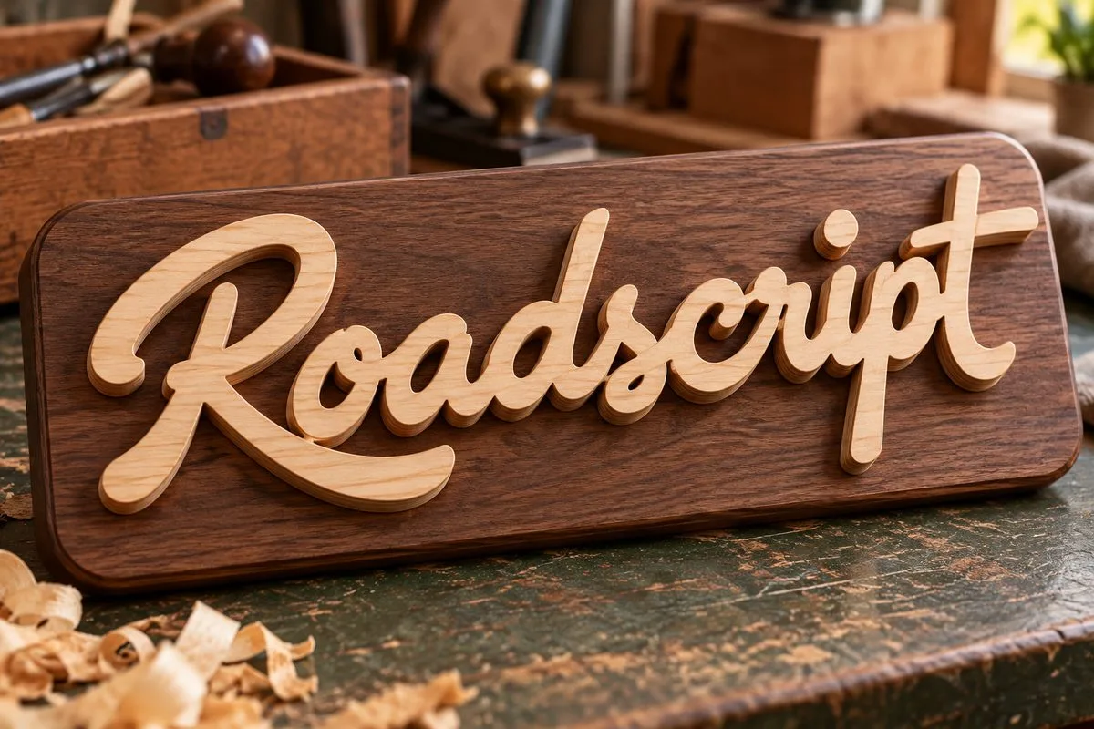 The word Roadscript cut from light plywood and mounted on a walnut base