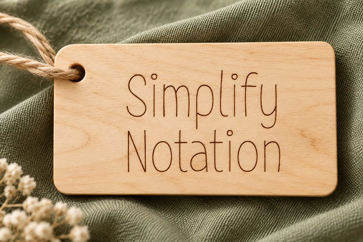 The words Simplify Notation marked in thin lines on a wooden tag with a twine loop