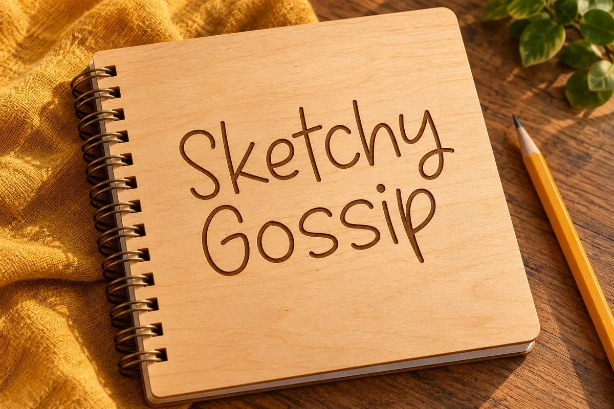 The words Sketchy Gossip marked on the wooden cover of a spiral notebook