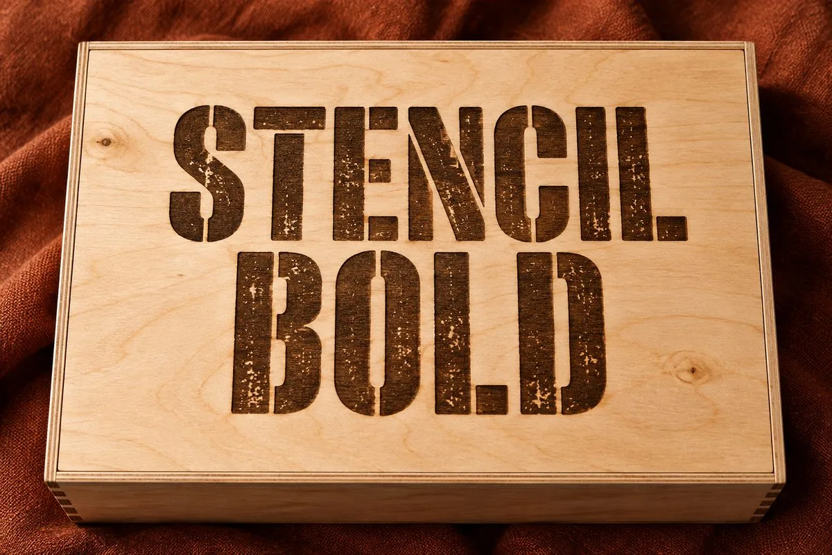 The words STENCIL BOLD engraved with a distressed texture on a wooden box lid