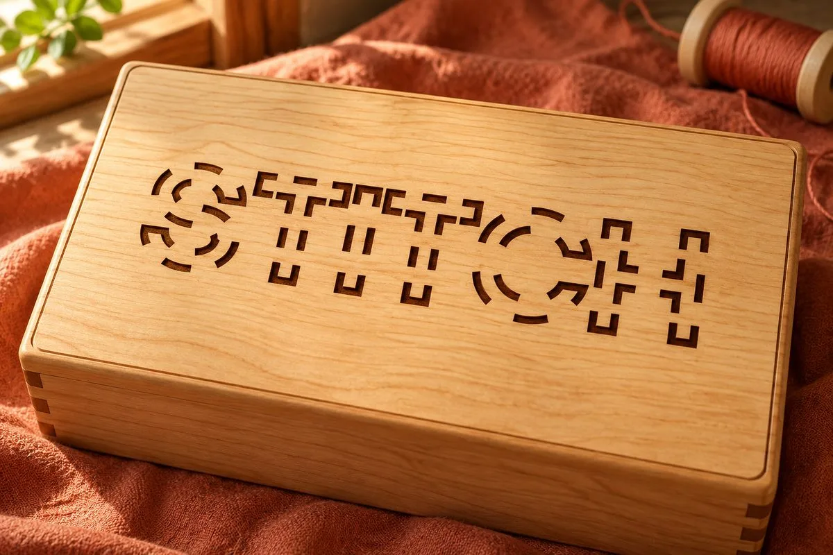 The word STITCH engraved as dashed double outlines on the lid of a wooden sewing box