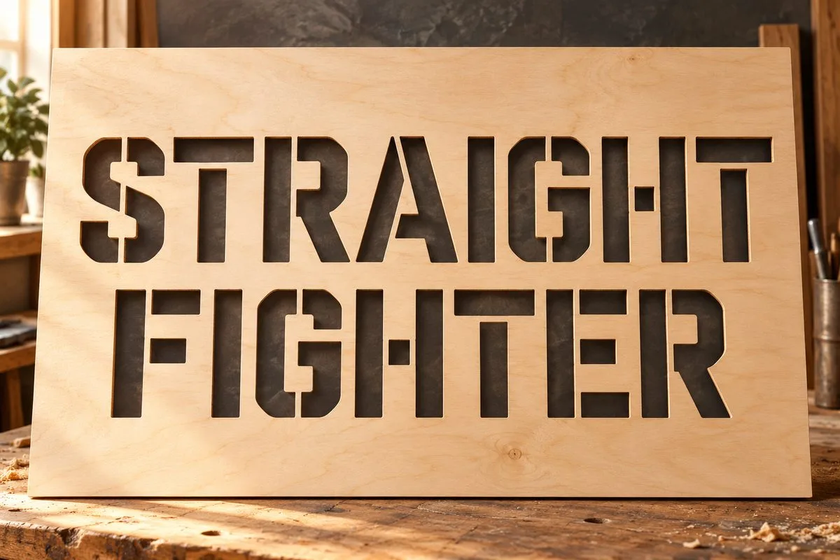 Mock-up of a workshop panel with the words STRAIGHT FIGHTER cut through plywood