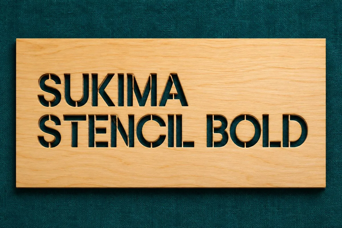 Mock-up of a cut-through plywood panel lettered SUKIMA STENCIL BOLD on dark teal fabric