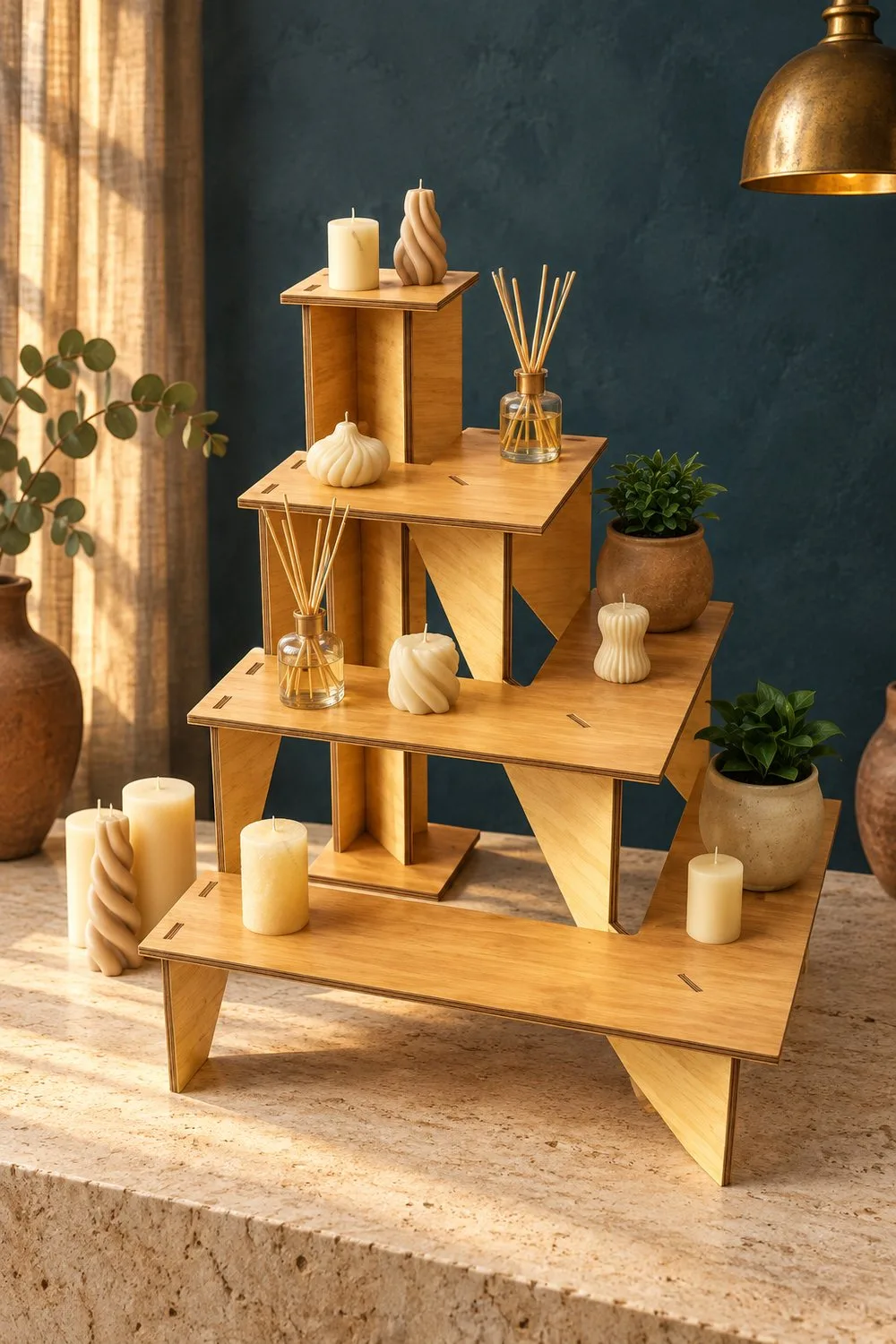 Modular display stand built as a stepped square tier with candles, diffusers and plants