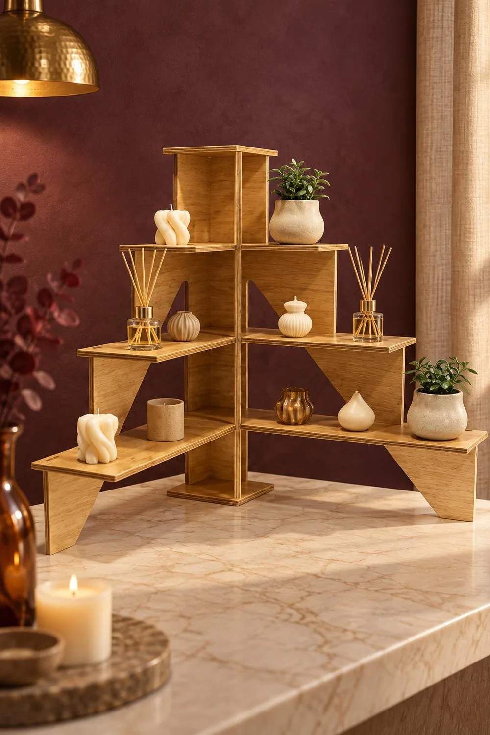 Modular display stand built as a corner unit with shelves on two sides