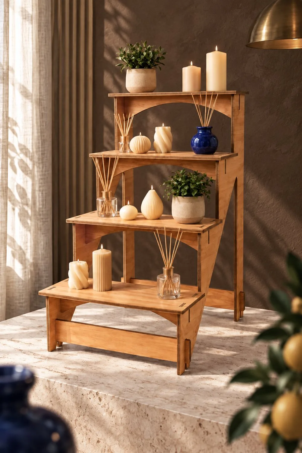 Modular display stand built as a tall arched rack with four shelves