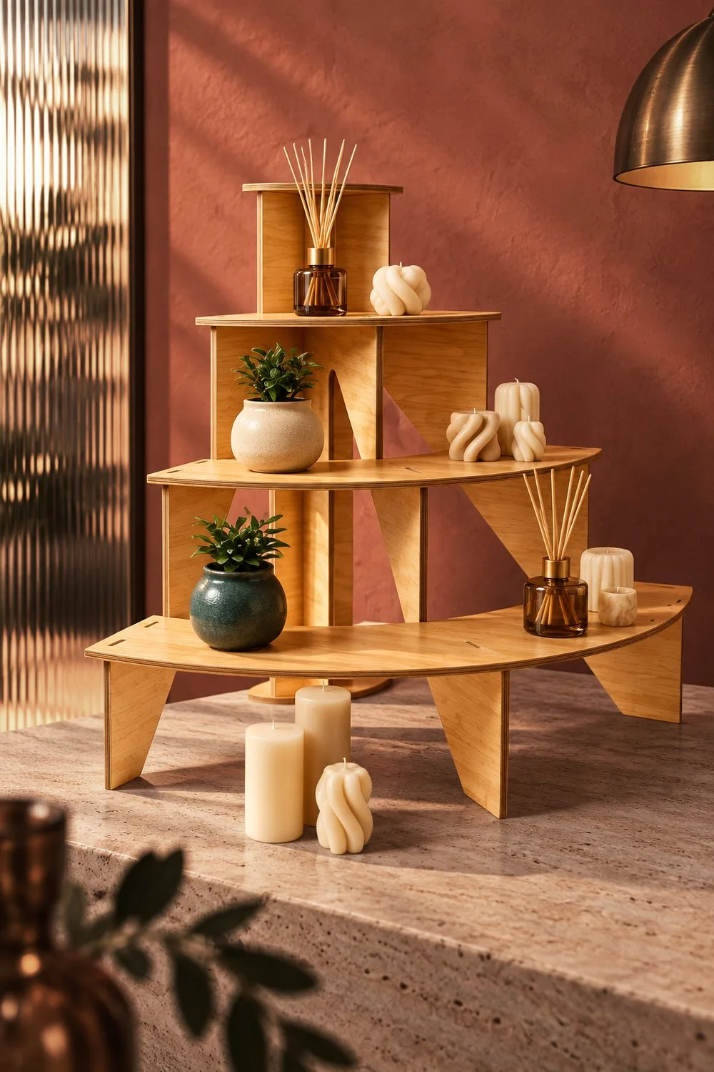 Modular display stand built as a round tiered stand with curved shelves