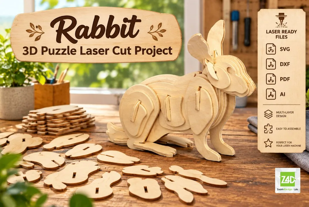 Rabbit 3D Puzzle Laser Cut Project — SVG laser cut file