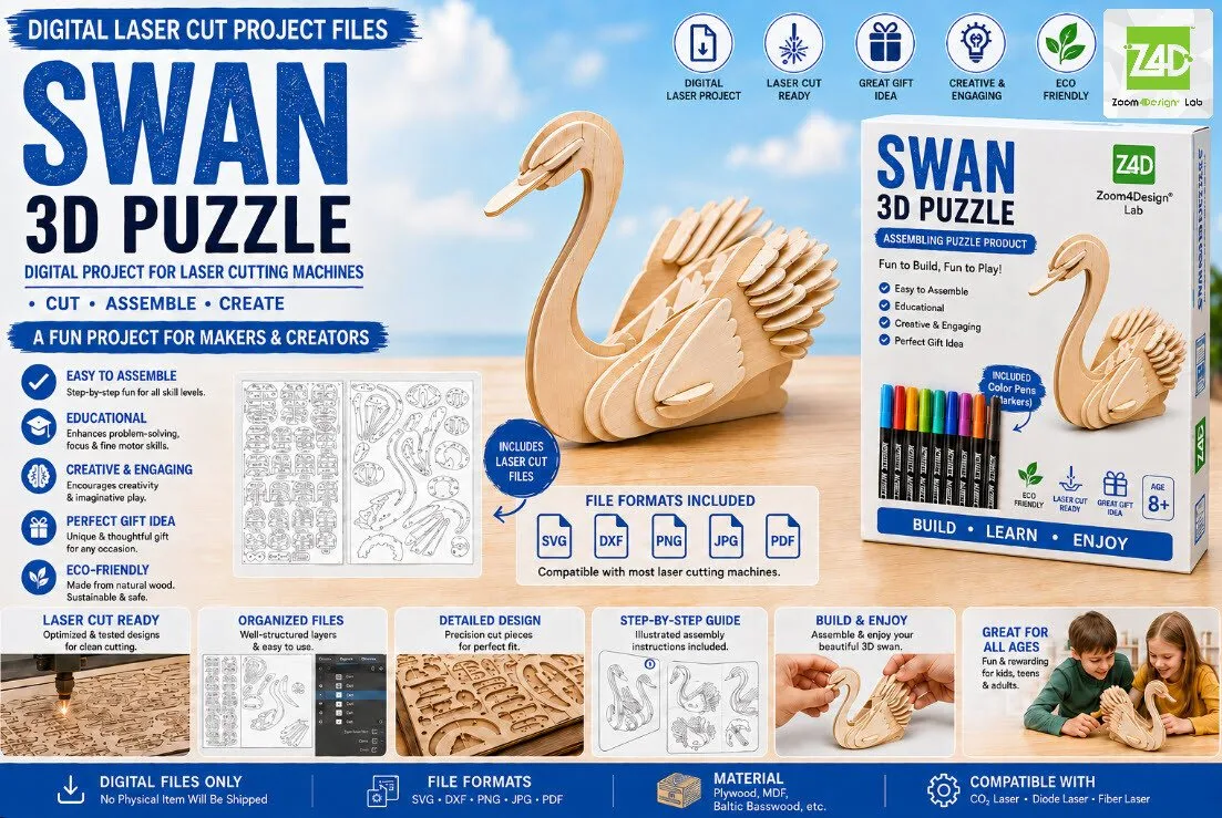 Swan 3D Wood Puzzle Laser Cut Project — SVG laser cut file